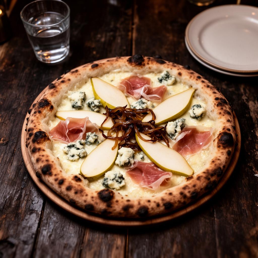 Autunno pizza — creamy Parmesan, zola, pears, Parma ham, caramelised onions