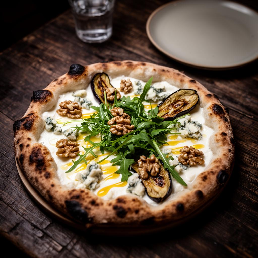 Regina pizza — fior di latte, zola, honey, rucola, walnut, aubergines