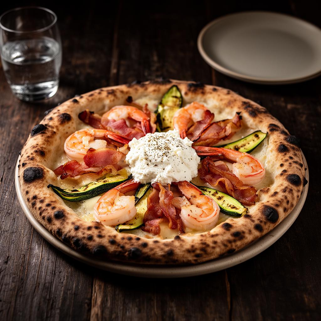 Surf & Turf pizza — stracciatella, king prawns, bacon, courgettes
